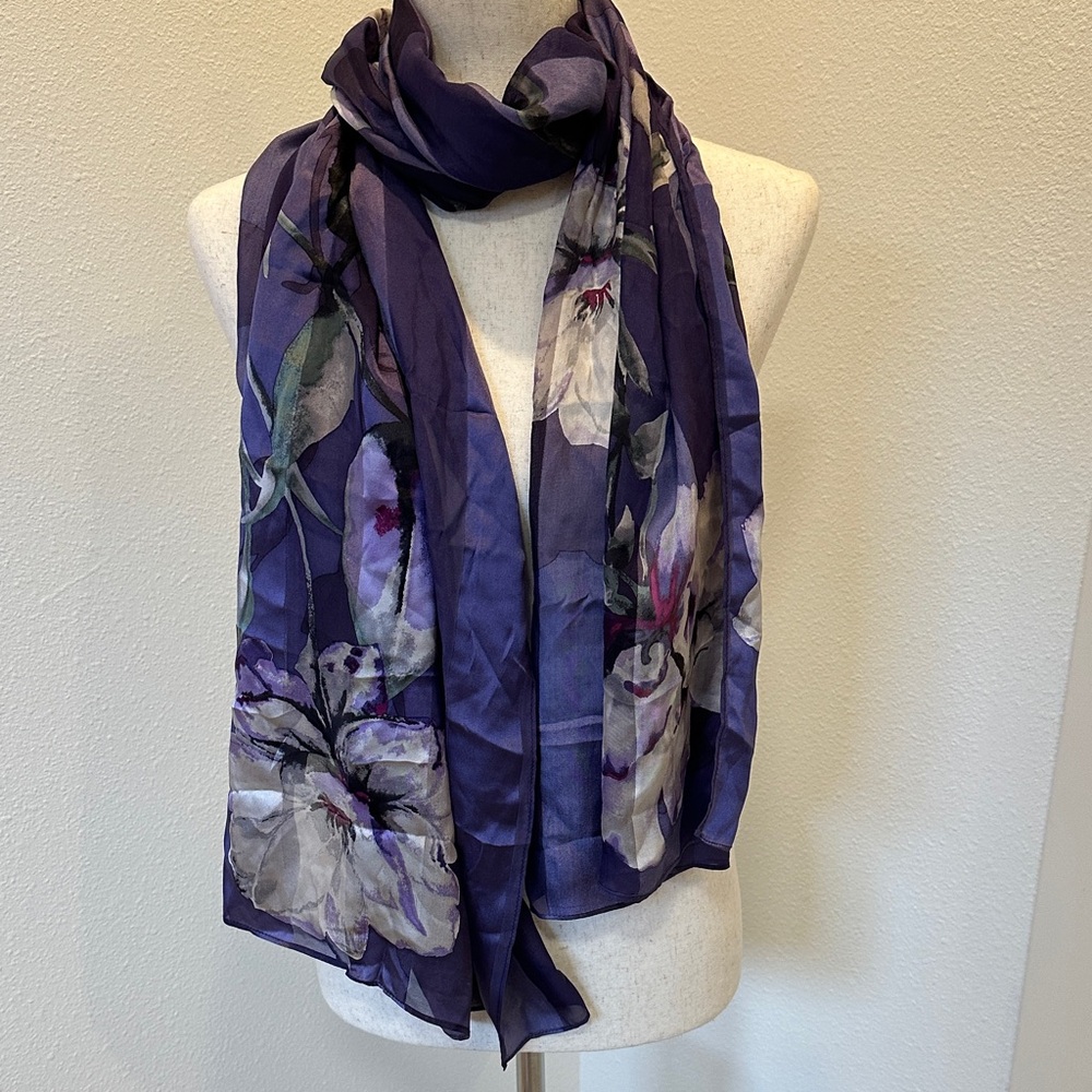 White House Black Market 100% Silk Floral Purple Scarf